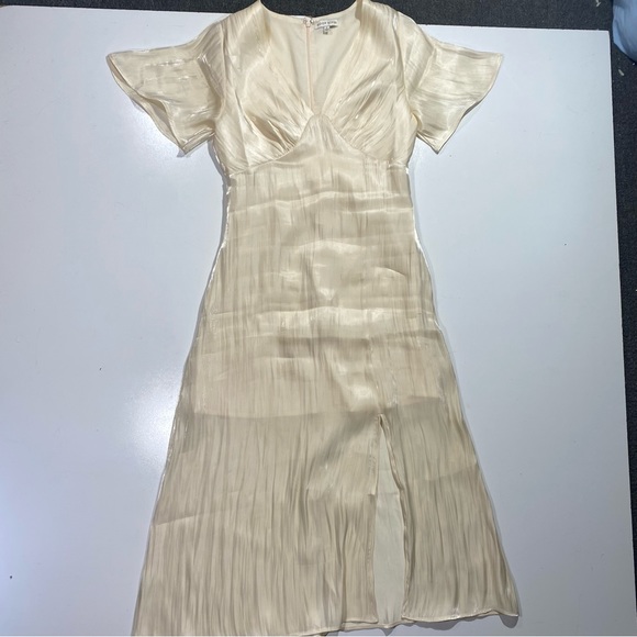 Moon River Cream Natural Bustier Satin V-Neck Front Slit Woman’s Midi Dress S - Picture 6 of 16